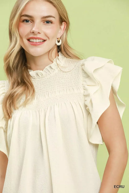umgee smocked ruffle Umgee Smocked Ruffle Sleeve Textured Top view 5 (top) - shop at us.meeeshop