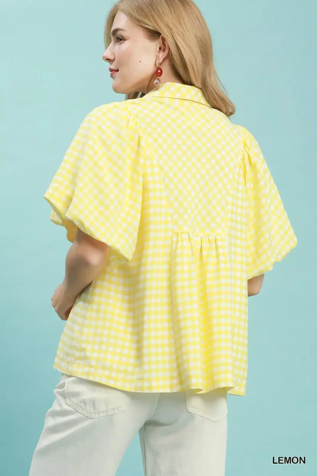 Umgee Smocked Yoke Puff Sleeve Gingham Blouse LEMON view 3 (top) - umgee smocked top, umgee smocked dre - shop at us.meeeshop