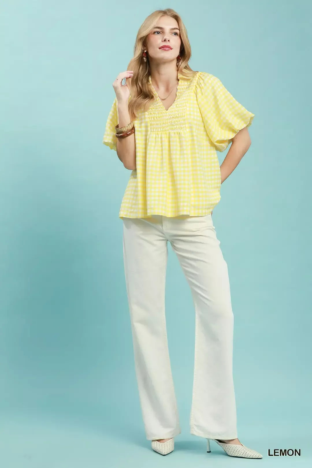 Umgee Smocked Yoke Puff Sleeve Gingham Blouse view 4 (top) - umgee smocked top, umgee smocked dress, um - shop at us.meeeshop