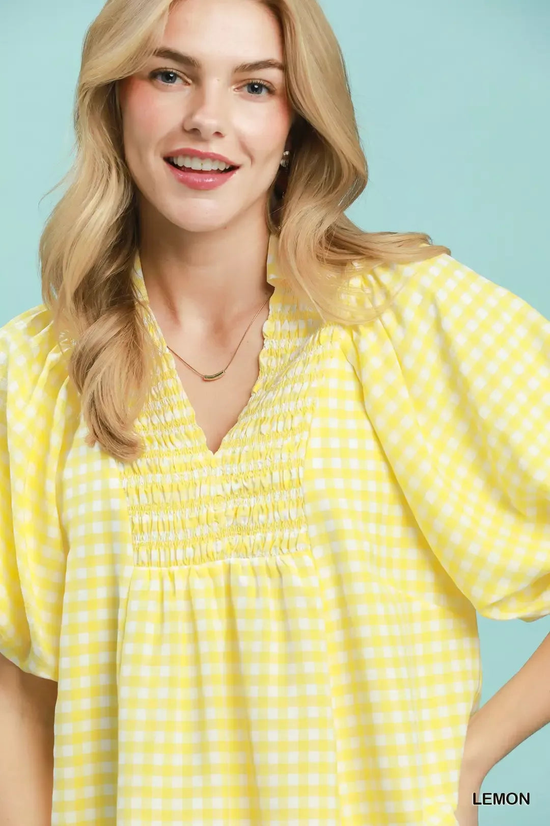 umgee smocked yoke Umgee Smocked Yoke Puff Sleeve Gingham Blouse view 5 (top) - shop at us.meeeshop