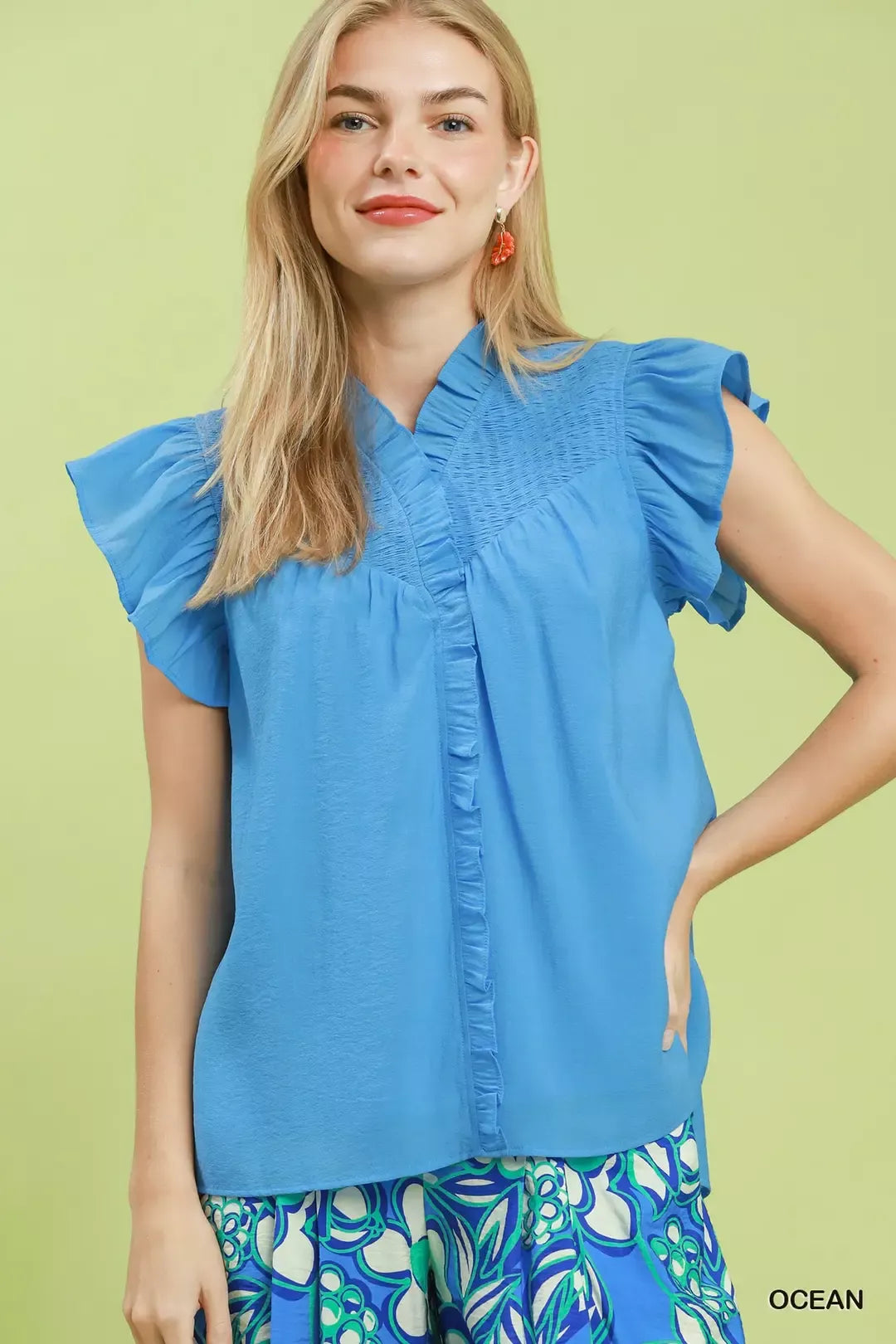 umgee smocked yoke Umgee Smocked Yoke Ruffle Sleeve Blouse OCEAN (top) - shop at us.meeeshop