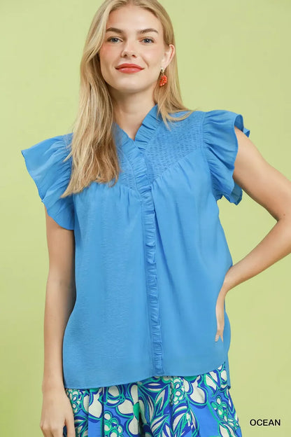 umgee smocked yoke Umgee Smocked Yoke Ruffle Sleeve Blouse OCEAN (top) - shop at us.meeeshop