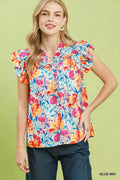 Umgee Smocked Yoke Ruffle Sleeve Floral Blouse BLUE MIX (top) - umgee smocked top, umgee smocked dress, - shop at us.meeeshop