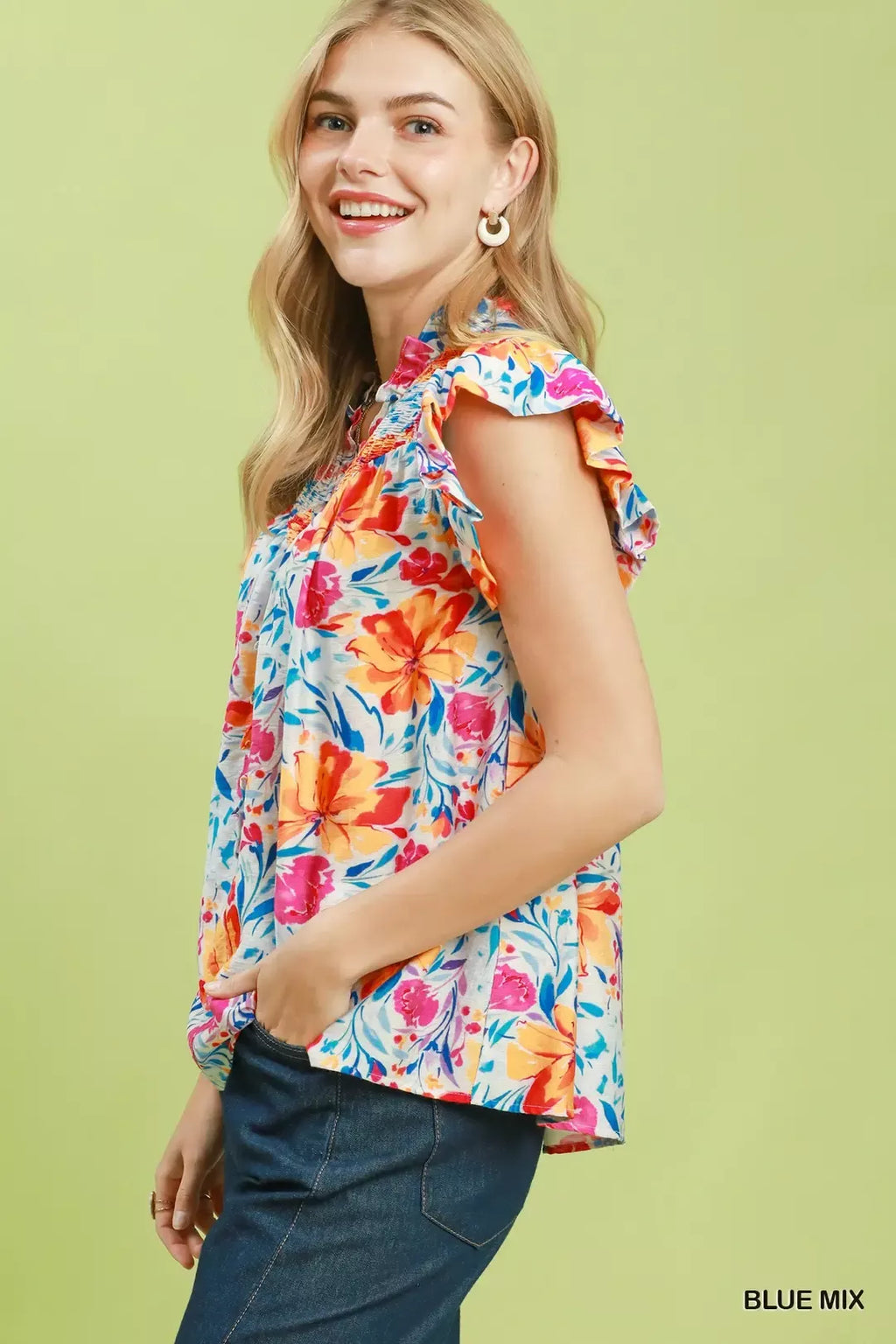 Umgee Smocked Yoke Ruffle Sleeve Floral Blouse BLUE MIX view 2 (top) - umgee smocked top, umgee smocked - shop at us.meeeshop