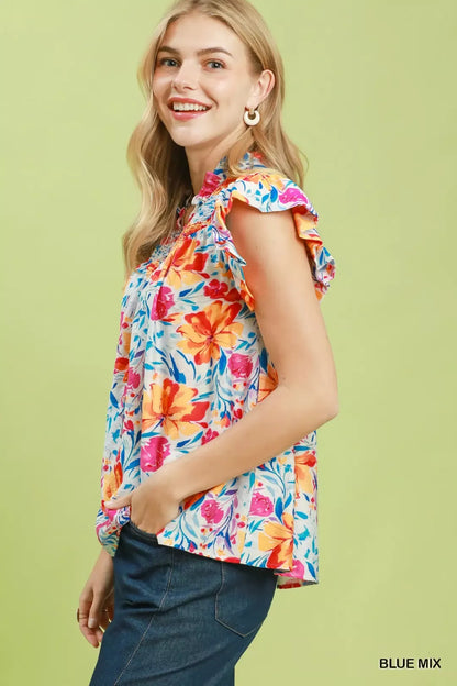 umgee smocked yoke Umgee Smocked Yoke Ruffle Sleeve Floral Blouse view 2 (top) - shop at us.meeeshop