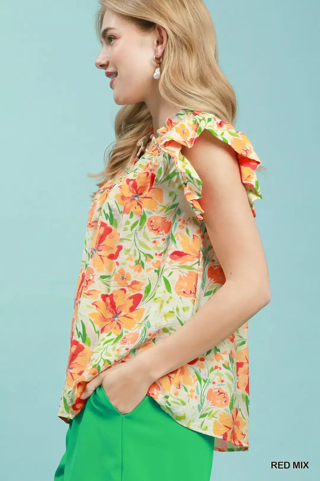 umgee smocked yoke Umgee Smocked Yoke Ruffle Sleeve Floral Blouse view 3 (top) - shop at us.meeeshop