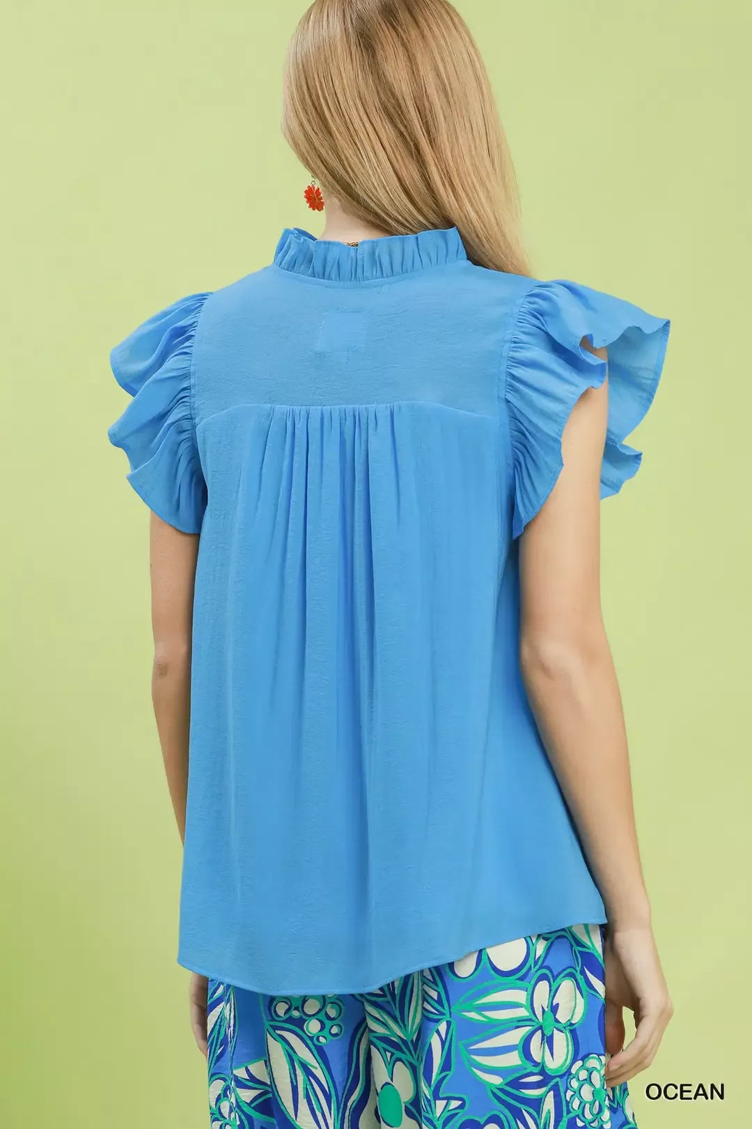 umgee smocked yoke Umgee Smocked Yoke Ruffle Sleeve Blouse view 3 (top) - shop at us.meeeshop
