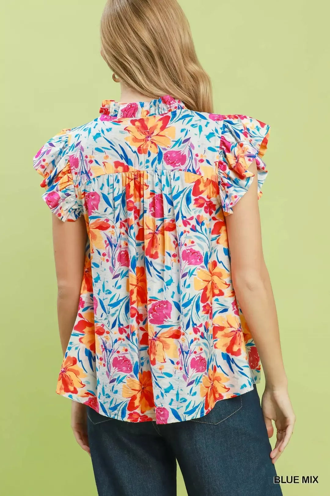 Umgee Smocked Yoke Ruffle Sleeve Floral Blouse BLUE MIX view 3 (top) - umgee smocked top, umgee smocked - shop at us.meeeshop