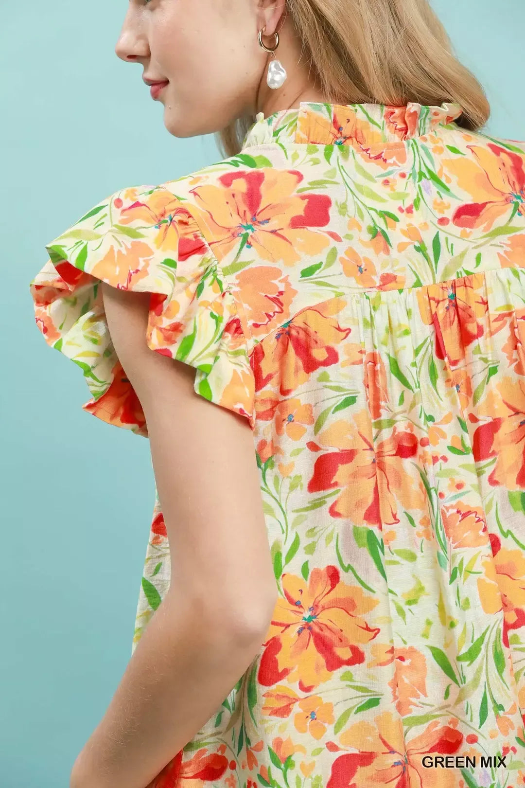 umgee smocked yoke Umgee Smocked Yoke Ruffle Sleeve Floral Blouse view 4 (top) - shop at us.meeeshop