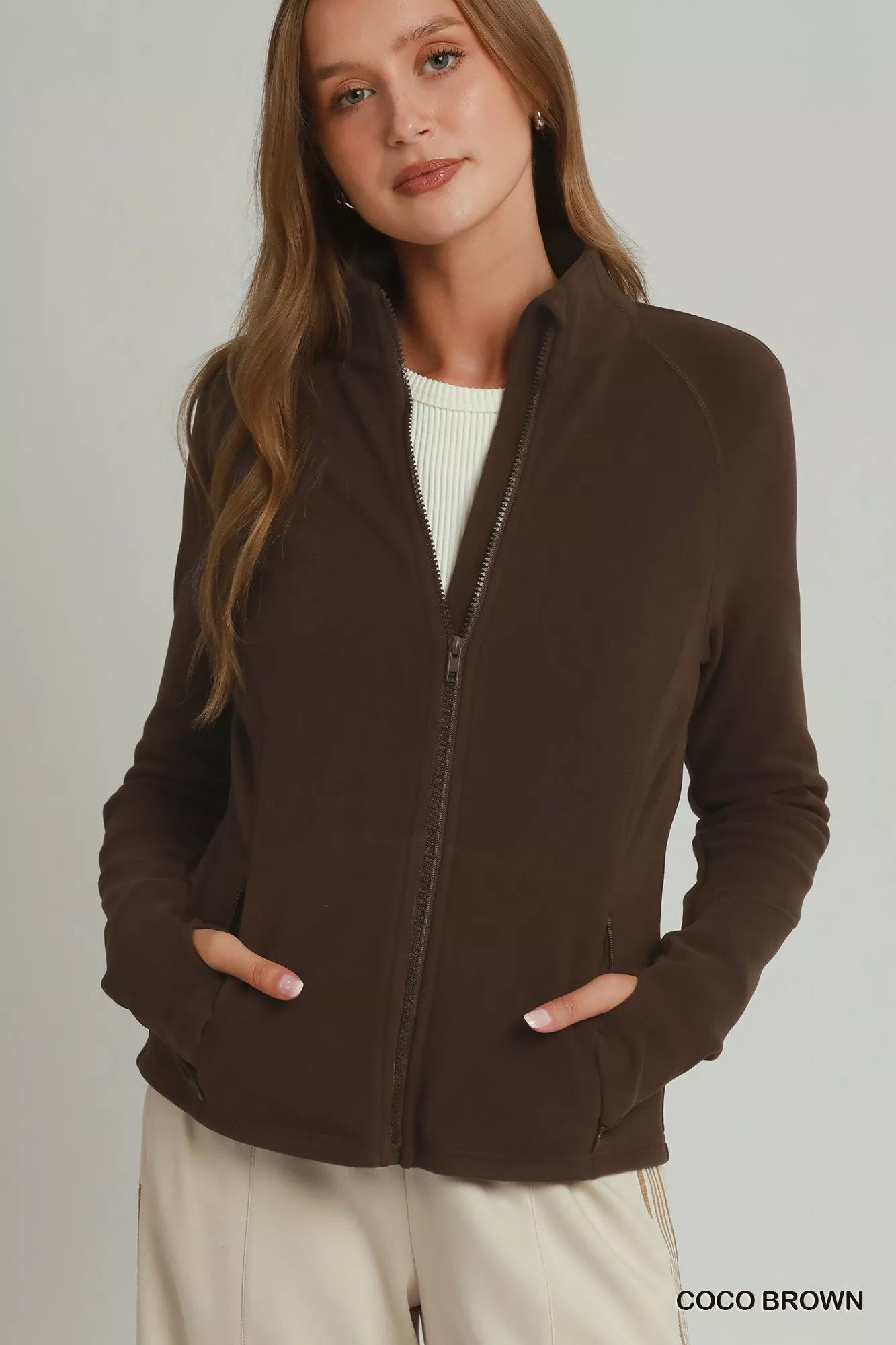 Umgee Soft Fleece Full Zip Jacket with Pockets COCO BROWN (layer) - pockets jacket, zip pockets jacket - shop at us.meeeshop