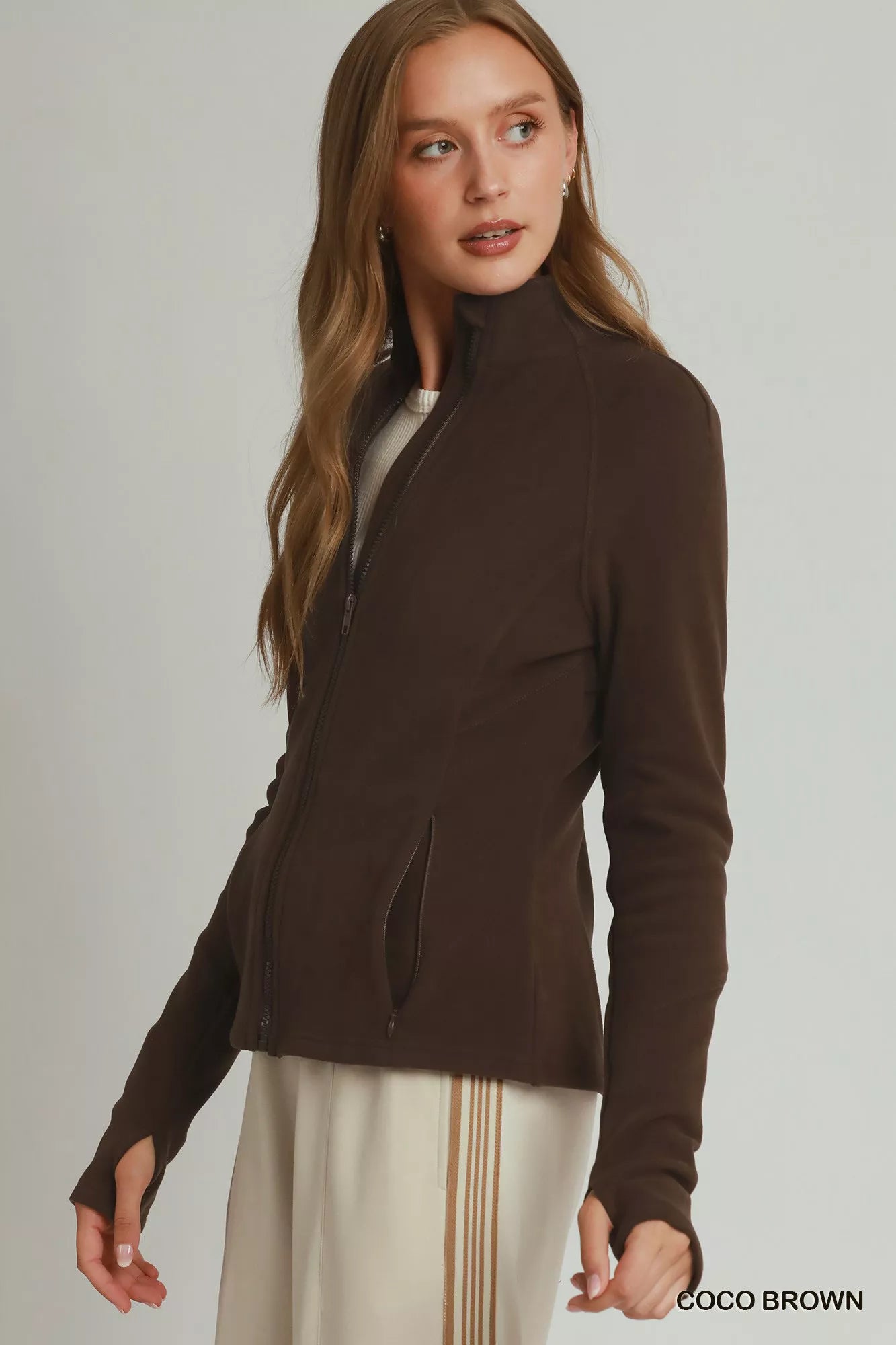 Umgee Soft Fleece Full Zip Jacket with Pockets COCO BROWN view 2 (layer) - pockets jacket, zip pockets  - shop at us.meeeshop