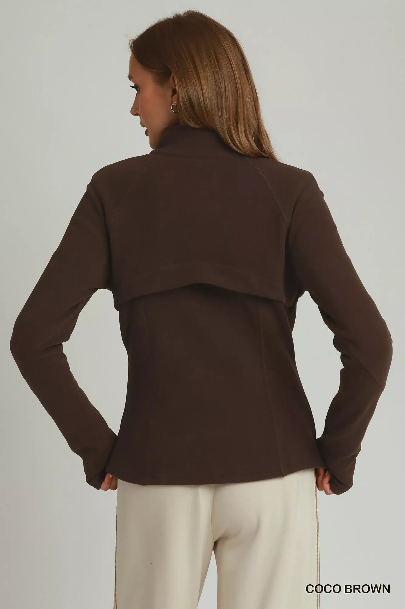 Umgee Soft Fleece Full Zip Jacket with Pockets COCO BROWN view 3 (layer) - pockets jacket, zip pockets  - shop at us.meeeshop