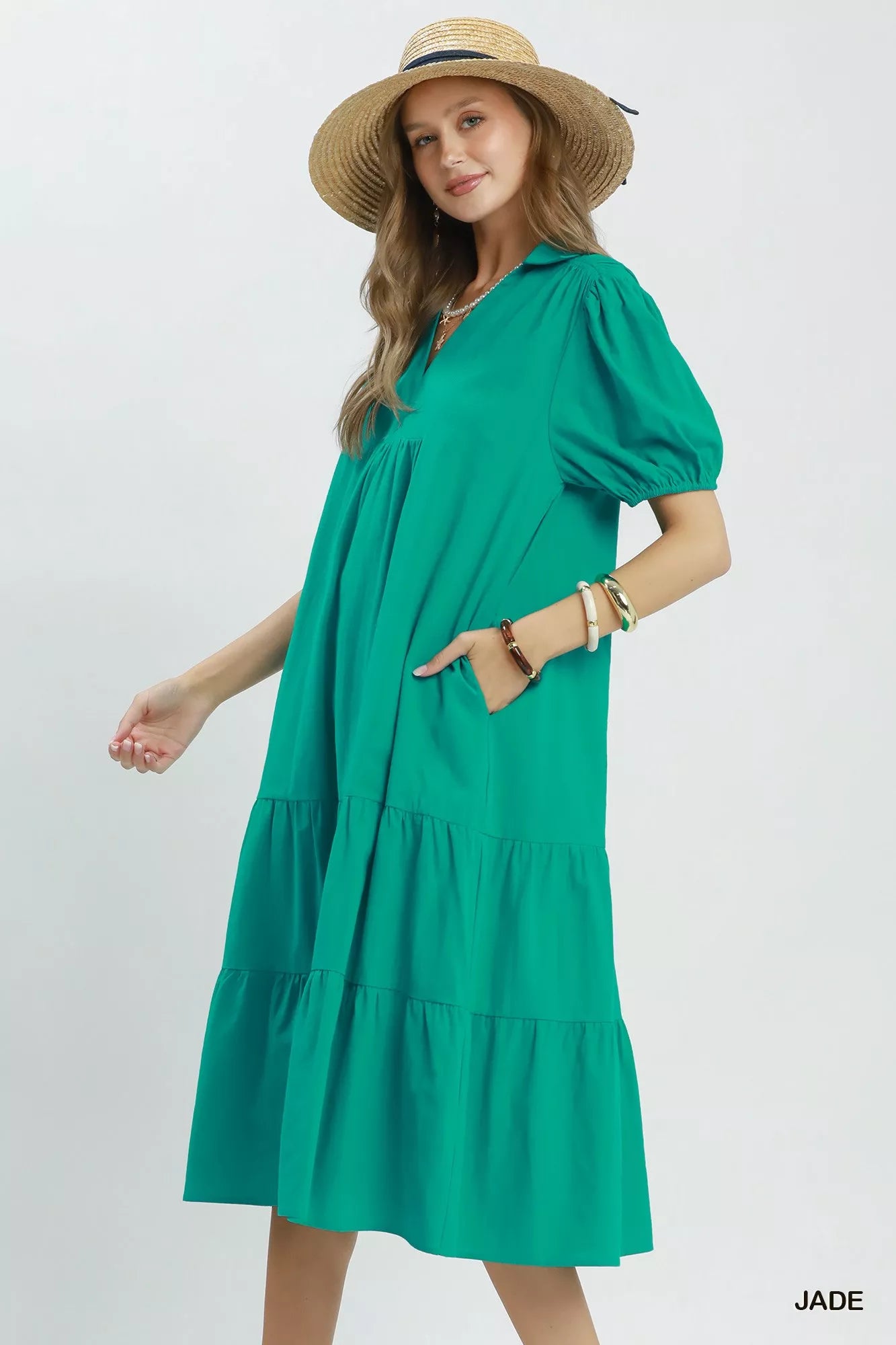 Umgee Solid Tiered Midi Dress JADE view 2 (dress) - umgee solid dresses, umgee solid dotted tiered midi - shop at us.meeeshop