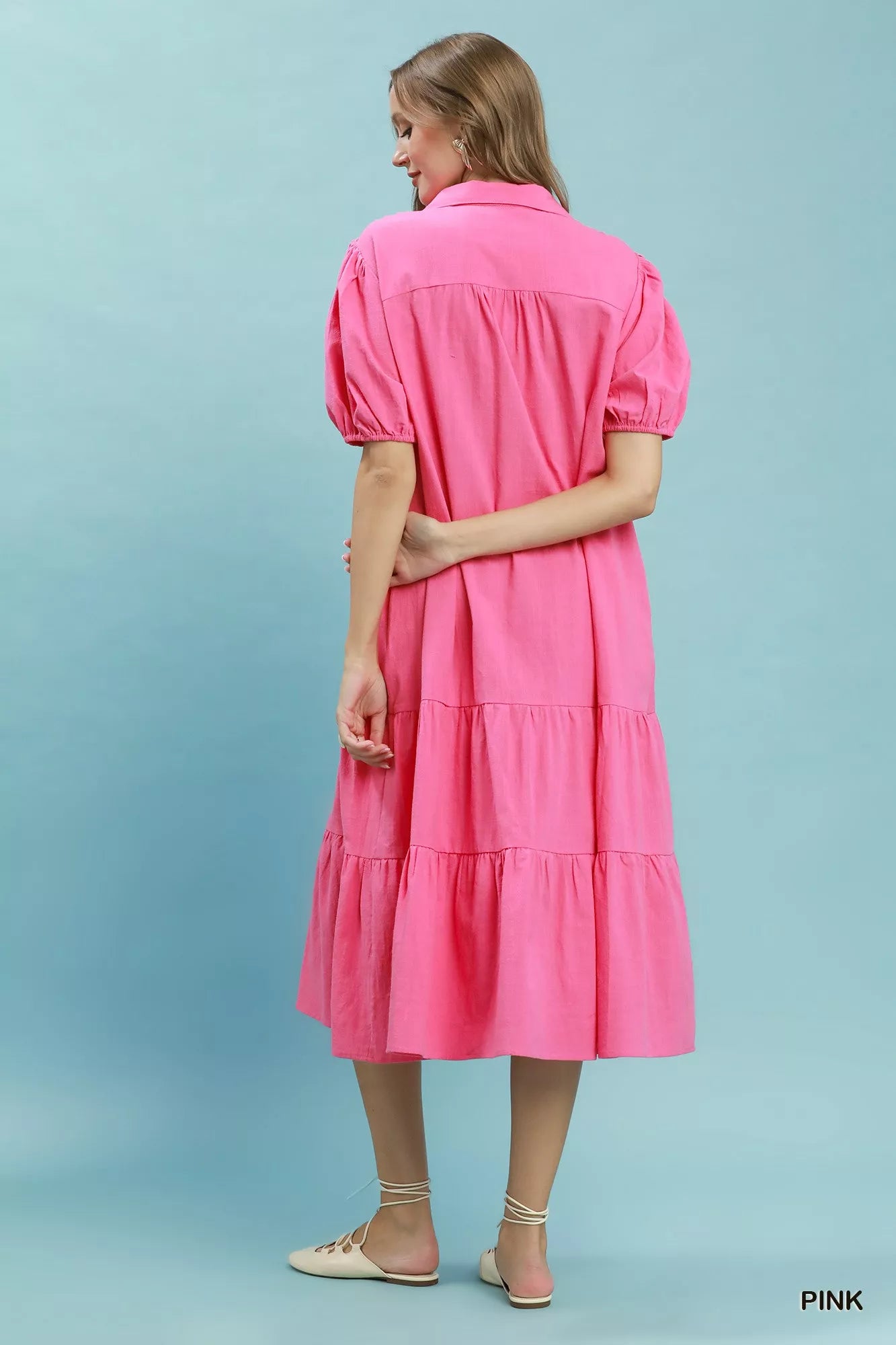 Umgee Solid Tiered Midi Dress PINK view 3 (dress) - umgee solid dresses, umgee solid dotted tiered midi - shop at us.meeeshop