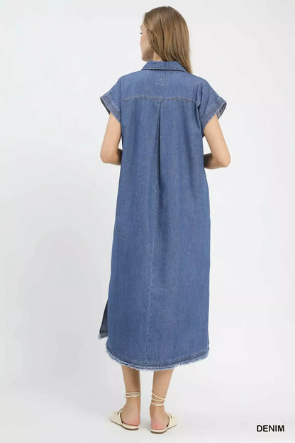 umgee stone washed Umgee Stone Washed Collared Denim Midi Dress view 3 (dress) - shop at us.meeeshop