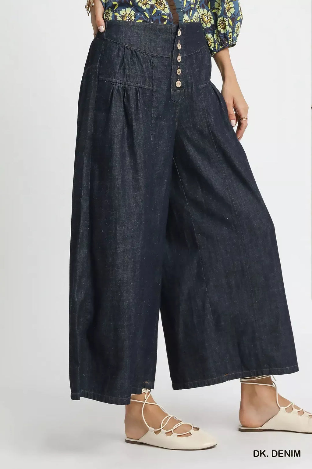 Umgee Stone Washed Wide-leg Button-front Culottes DK. DENIM view 2 (bottom) - umgee cotton pants, umgee - shop at us.meeeshop