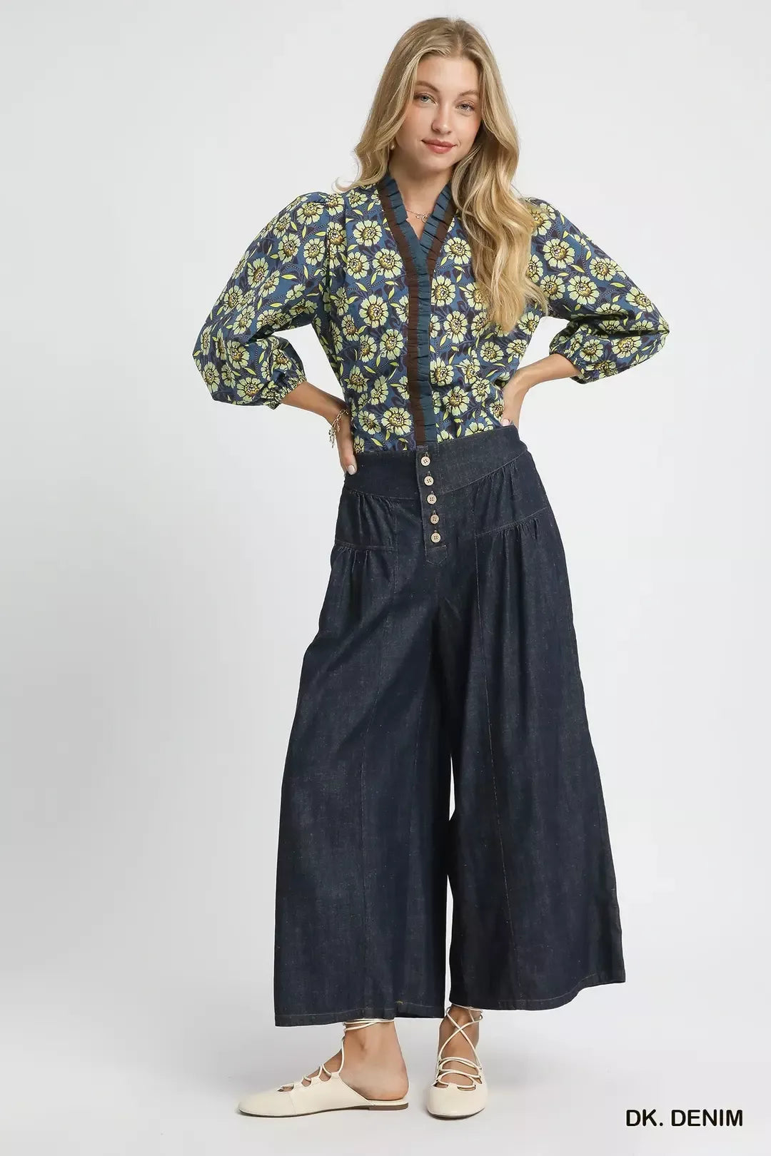 Umgee Stone Washed Wide-leg Button-front Culottes view 5 (bottom) - umgee cotton pants, umgee velvet pa - shop at us.meeeshop