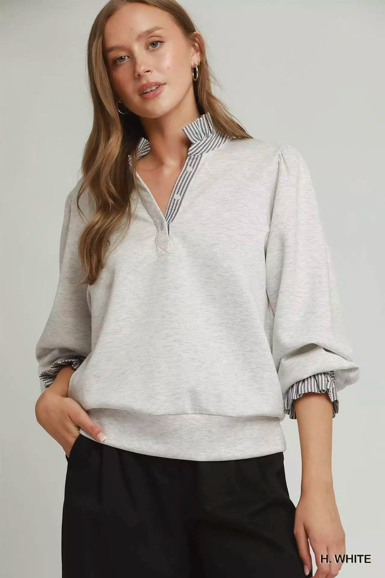 umgee stripe ruffle Umgee Stripe Ruffle Neck Long Sleeve Top H. WHITE (top) - shop at us.meeeshop