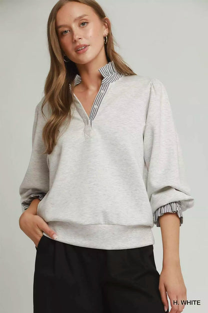 umgee stripe ruffle Umgee Stripe Ruffle Neck Long Sleeve Top H. WHITE (top) - shop at us.meeeshop