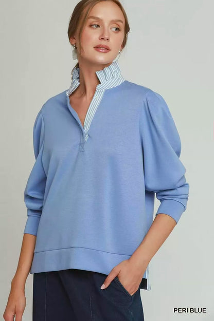 umgee stripe ruffle Umgee Stripe Ruffle Neck Long Sleeve Top PERI BLUE (top) - shop at us.meeeshop