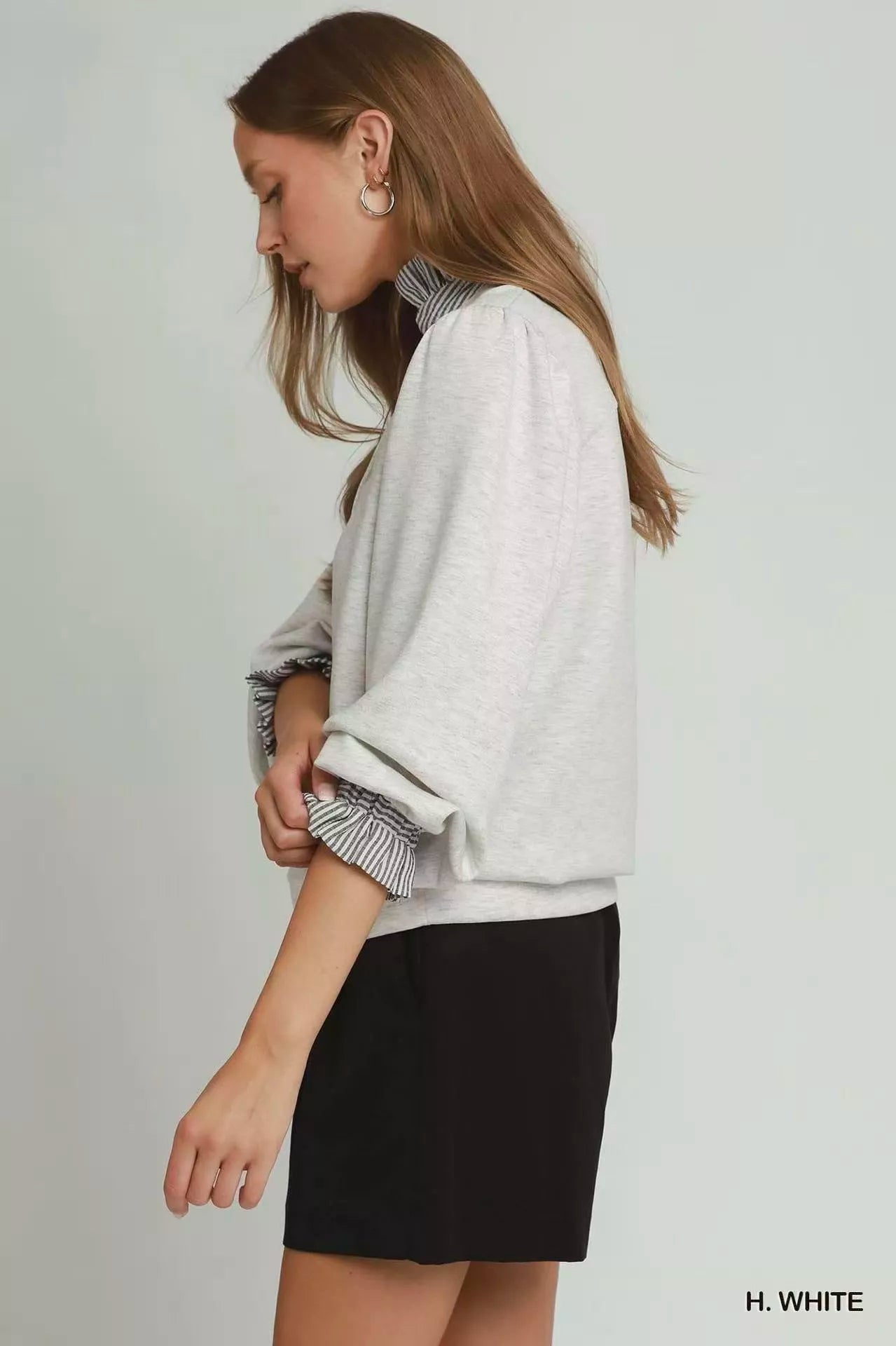umgee stripe ruffle Umgee Stripe Ruffle Neck Long Sleeve Top view 2 (top) - shop at us.meeeshop