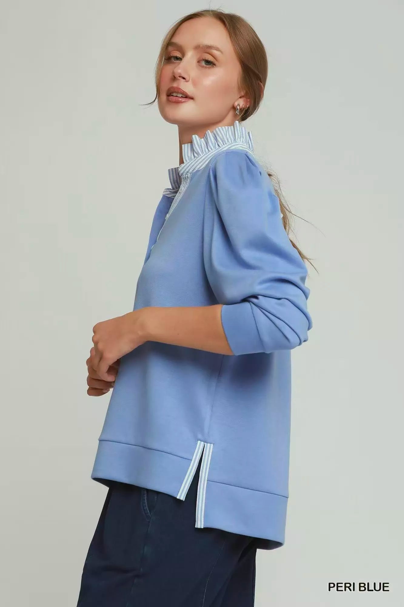 Umgee Stripe Ruffle Neck Long Sleeve Top PERI BLUE view 2 (top) - umgee striped top, umgee green stripe - shop at us.meeeshop