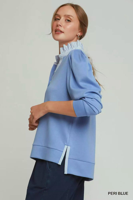 umgee stripe ruffle Umgee Stripe Ruffle Neck Long Sleeve Top view 2 (top) - shop at us.meeeshop