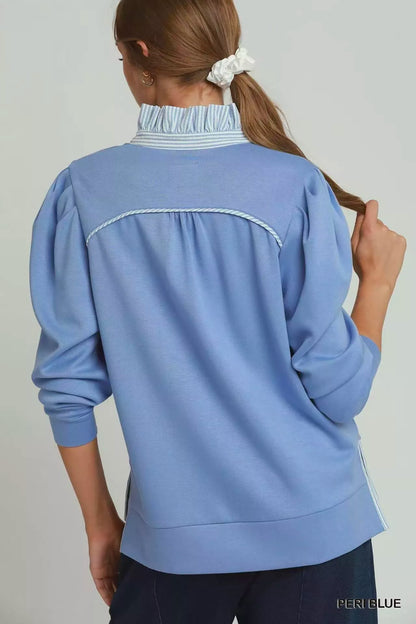 umgee stripe ruffle Umgee Stripe Ruffle Neck Long Sleeve Top view 3 (top) - shop at us.meeeshop