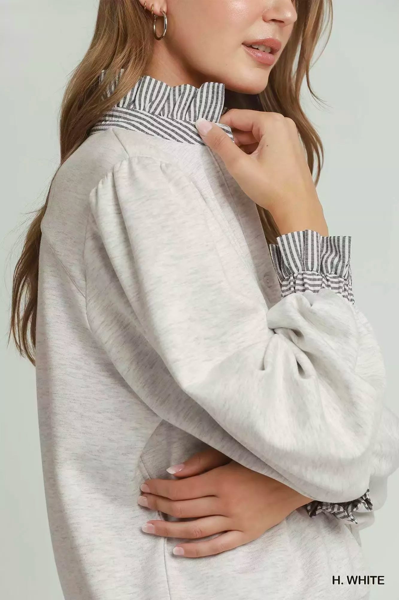 umgee stripe ruffle Umgee Stripe Ruffle Neck Long Sleeve Top view 4 (top) - shop at us.meeeshop