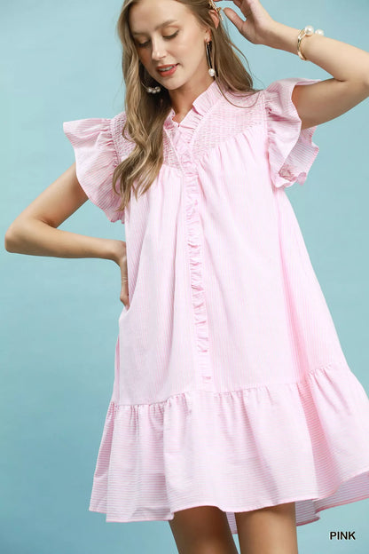 umgee stripe smocked Umgee Stripe Smocked Yoke Ruffle Dress PINK (dress) - shop at us.meeeshop