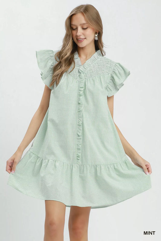 umgee stripe smocked Umgee Stripe Smocked Yoke Ruffle Dress MINT (dress) - shop at us.meeeshop