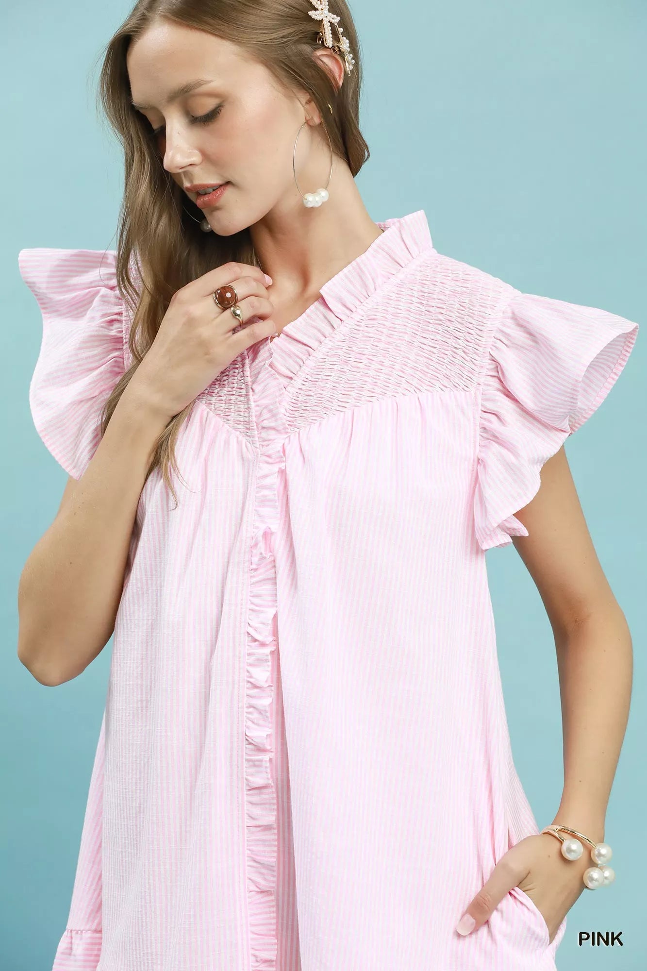 umgee stripe smocked Umgee Stripe Smocked Yoke Ruffle Dress view 5 (dress) - shop at us.meeeshop