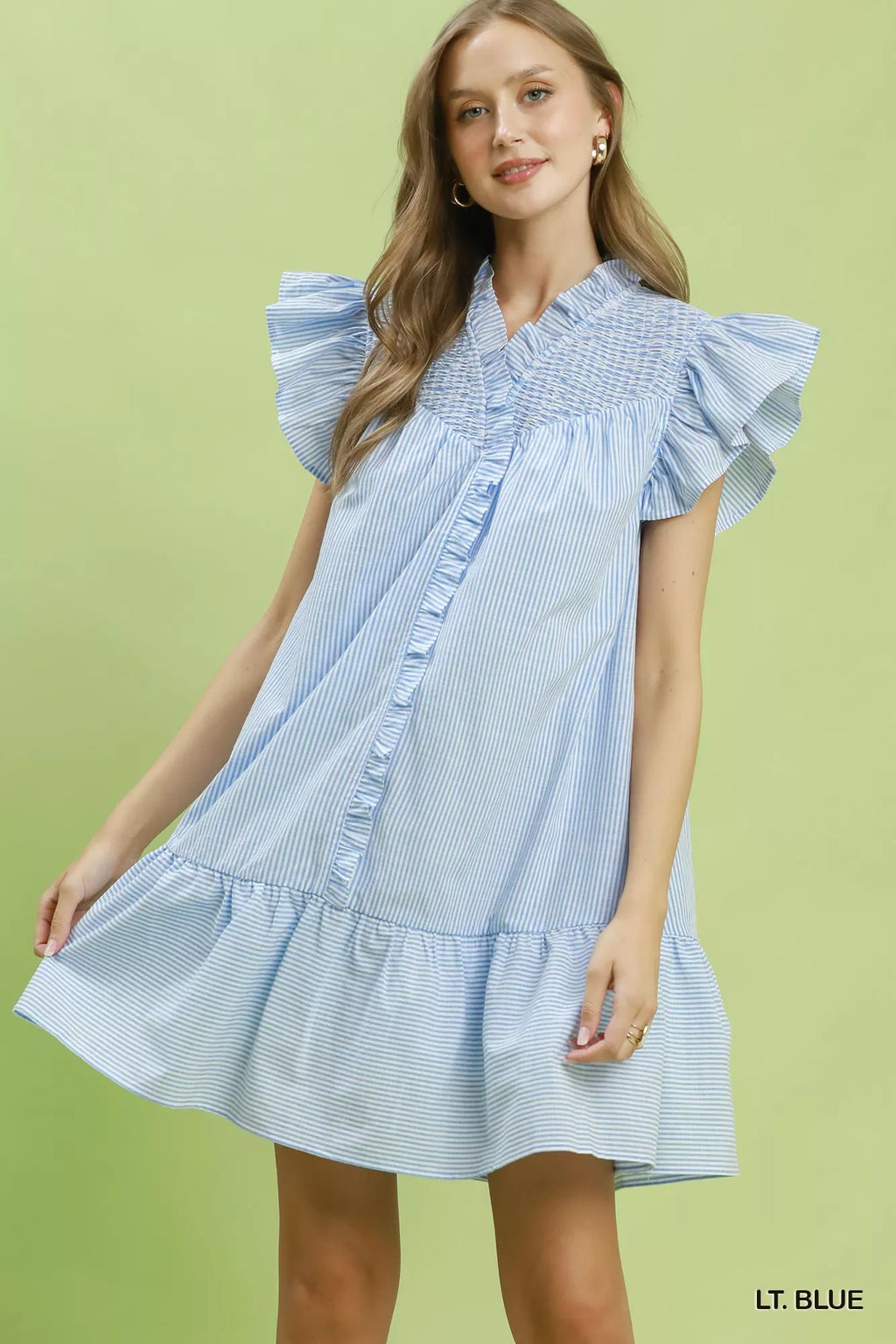 Umgee Stripe Smocked Yoke Ruffle Dress LT. BLUE (dress) - umgee striped dress, umgee pink stripe dress, - shop at us.meeeshop
