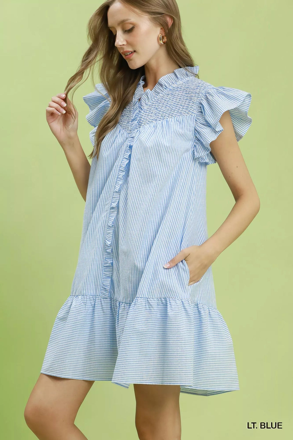 Umgee Stripe Smocked Yoke Ruffle Dress LT. BLUE view 2 (dress) - umgee striped dress, umgee pink stripe - shop at us.meeeshop