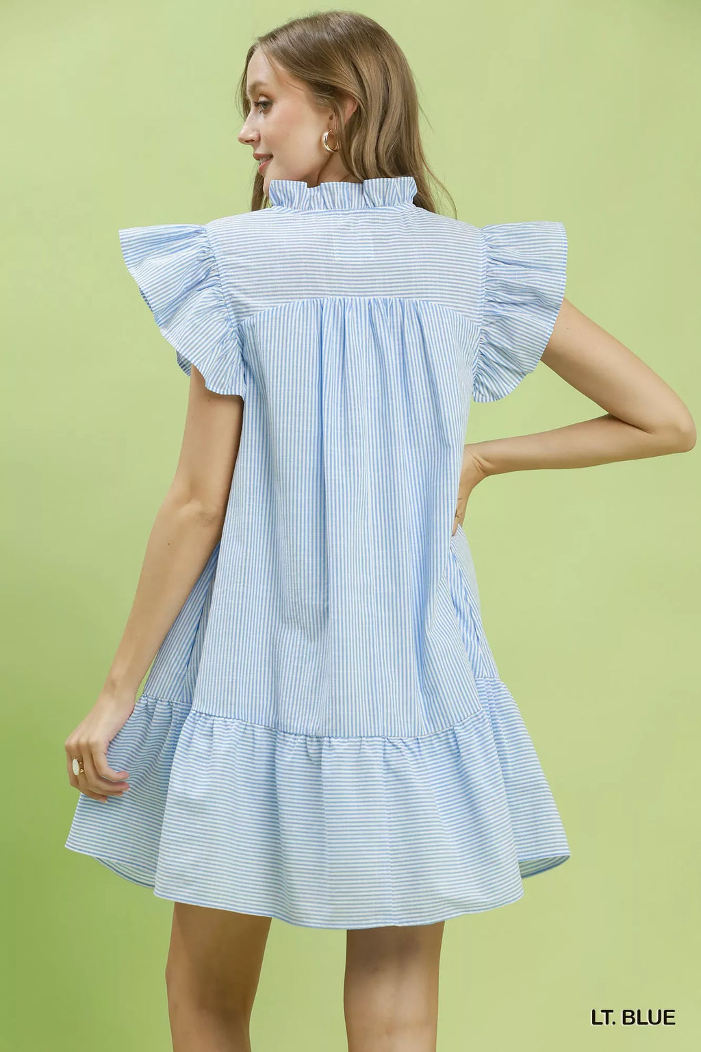 Umgee Stripe Smocked Yoke Ruffle Dress LT. BLUE view 3 (dress) - umgee striped dress, umgee pink stripe - shop at us.meeeshop