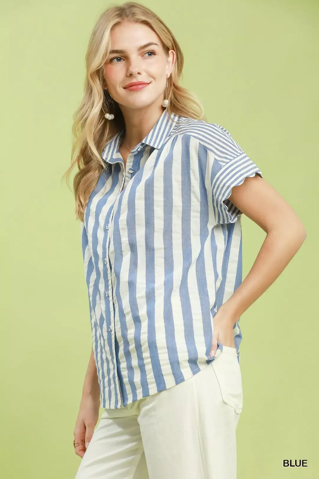 Umgee Striped Button Front Flutter Sleeve Top BLUE view 2 (top) - umgee striped shirt, umgee green stri - shop at us.meeeshop