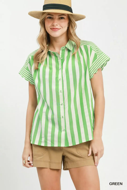 umgee striped button Umgee Striped Button Front Flutter Sleeve Top GREEN (top) - shop at us.meeeshop