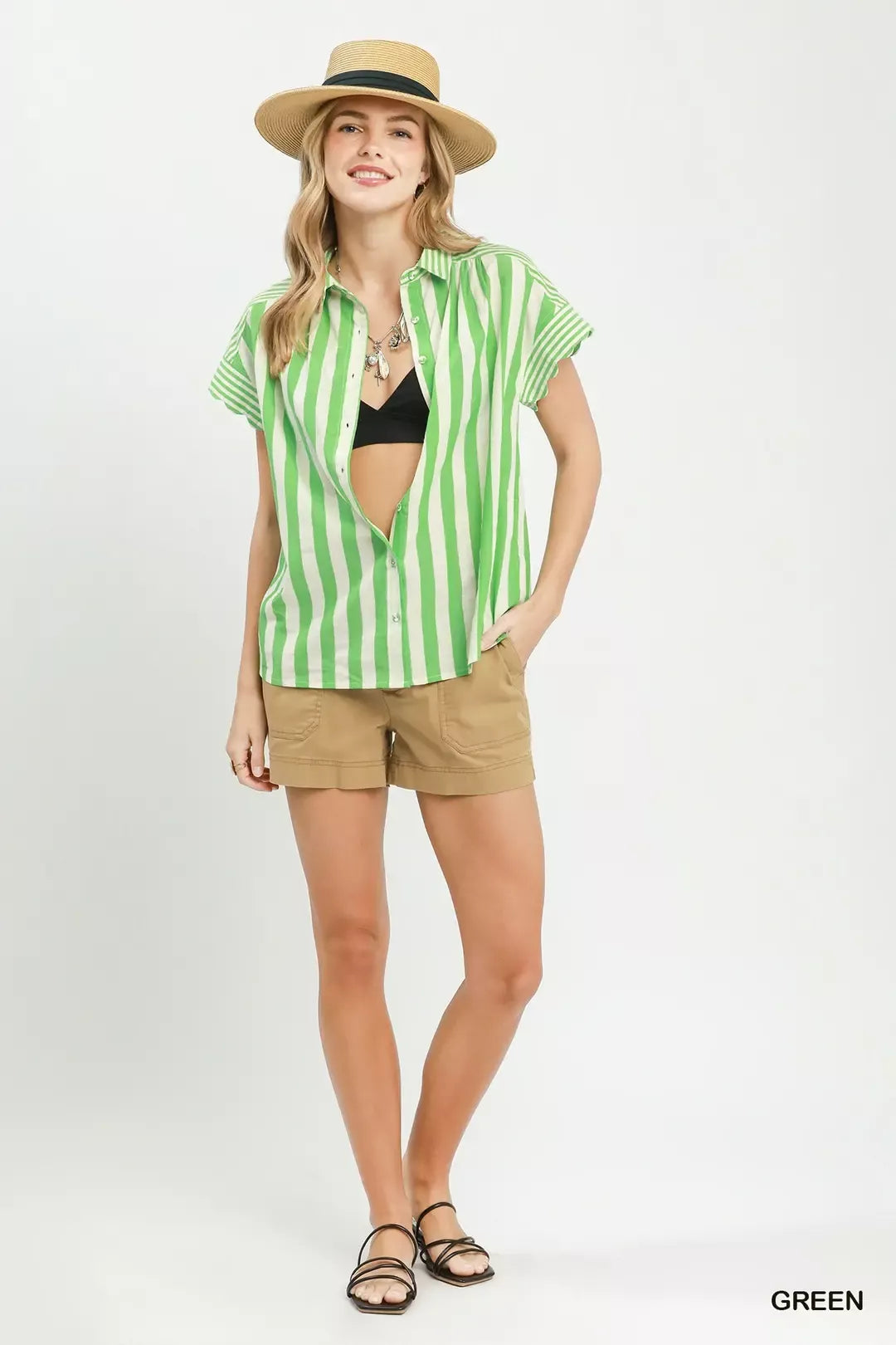 umgee striped button Umgee Striped Button Front Flutter Sleeve Top view 6 (top) - shop at us.meeeshop