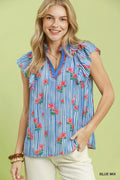 Umgee Striped Floral Ruffle Sleeve Top with Contrast Trim BLUE MIX (top) - umgee striped shirt, umgee g - shop at us.meeeshop