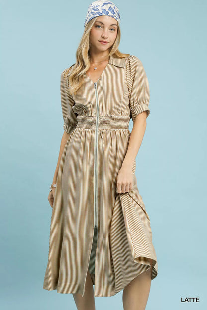 umgee striped midi Umgee Striped Midi Dress with Front Zipper LATTE (dress) - shop at us.meeeshop