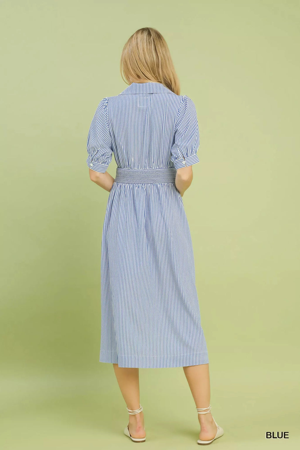 Umgee Striped Midi Dress with Front Zipper BLUE view 3 (dress) - umgee blue striped dress, umgee green  - shop at us.meeeshop