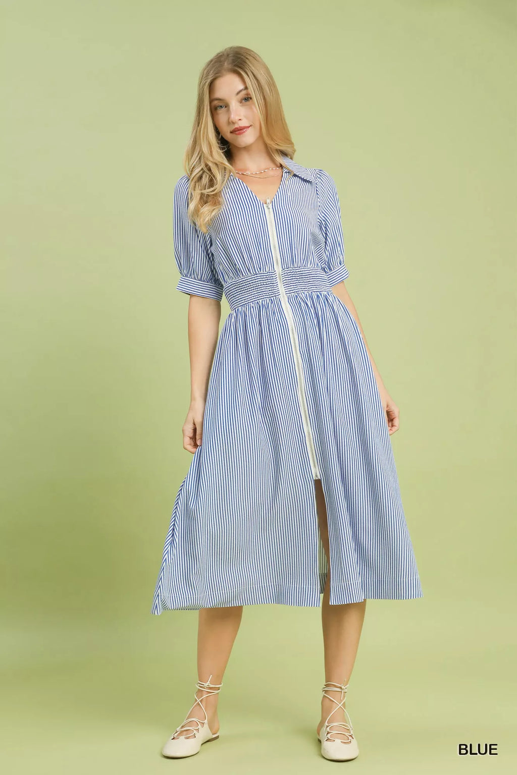 Umgee Striped Midi Dress with Front Zipper view 4 (dress) - umgee blue striped dress, umgee green strip - shop at us.meeeshop