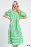 Umgee Striped Puff Sleeve Midi Dress GREEN (dress) - umgee blue striped dress, umgee green striped dres - shop at us.meeeshop