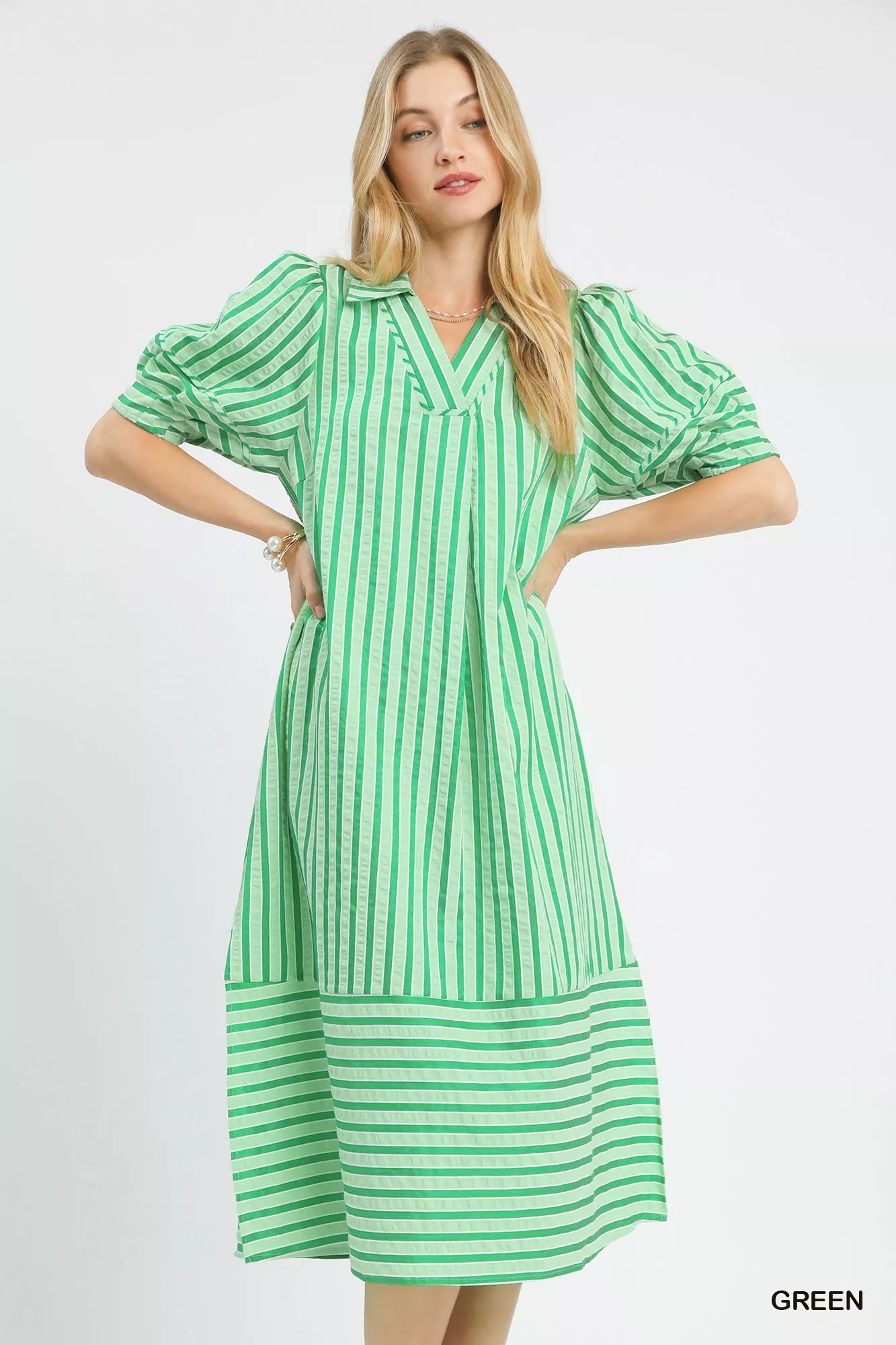 umgee striped puff Umgee Striped Puff Sleeve Midi Dress GREEN (dress) - shop at us.meeeshop