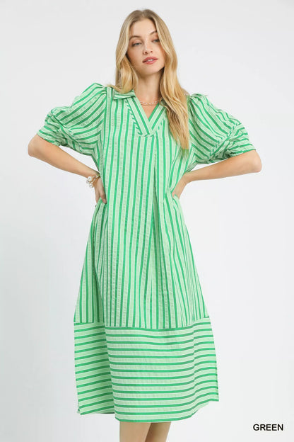 umgee striped puff Umgee Striped Puff Sleeve Midi Dress GREEN (dress) - shop at us.meeeshop