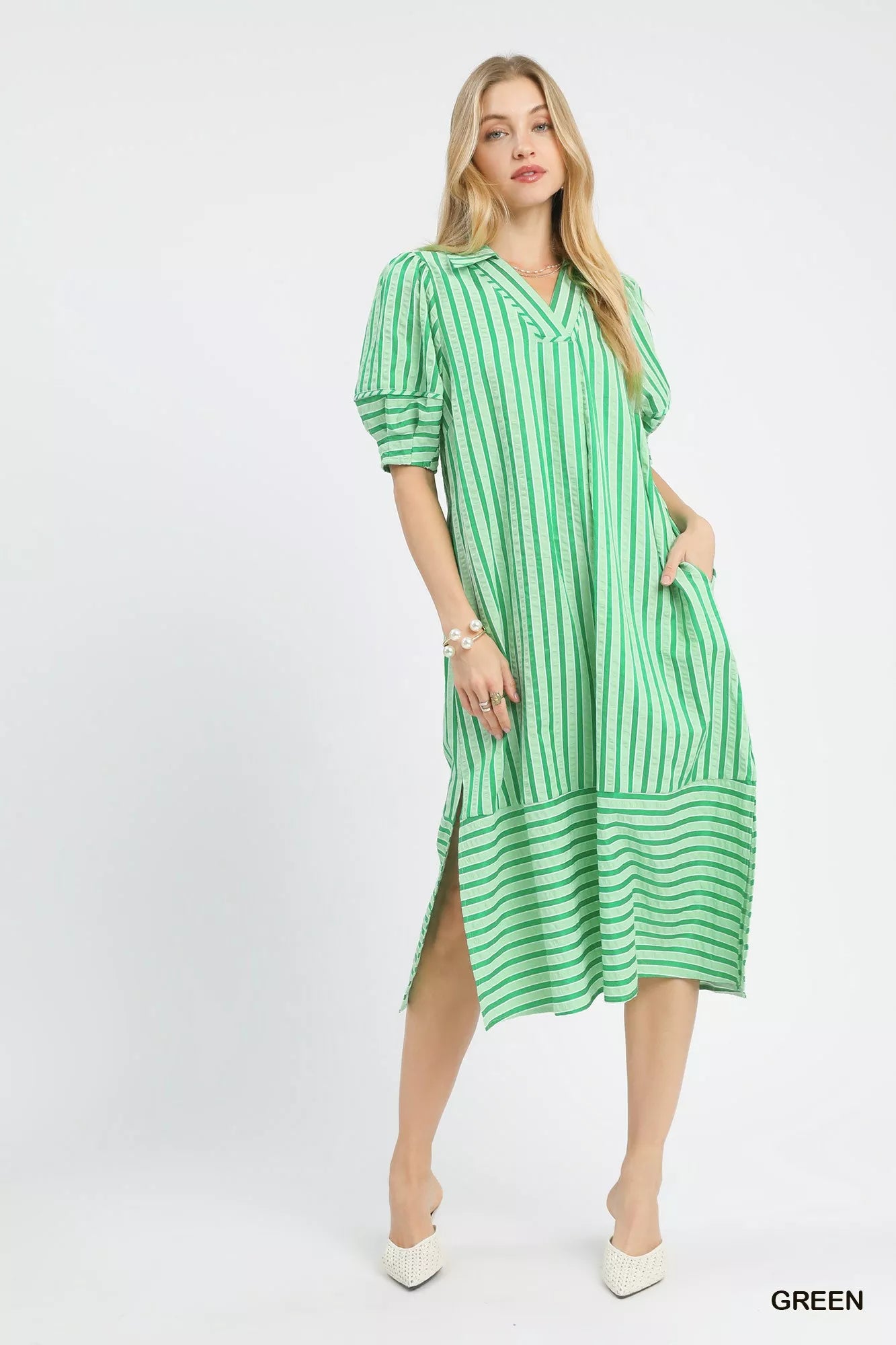umgee striped puff Umgee Striped Puff Sleeve Midi Dress view 5 (dress) - shop at us.meeeshop