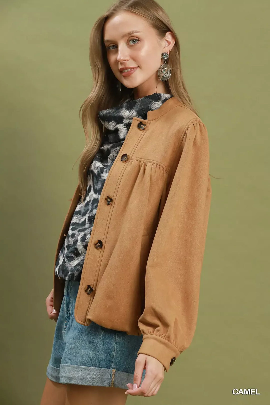 Umgee Suede Button Front Balloon Sleeve Jacket CAMEL view 2 (layer) - how much does a suede jacket cost - shop at us.meeeshop