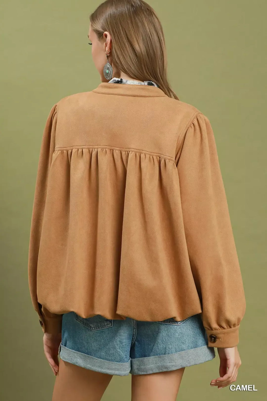 Umgee Suede Button Front Balloon Sleeve Jacket CAMEL view 3 (layer) - how much does a suede jacket cost - shop at us.meeeshop