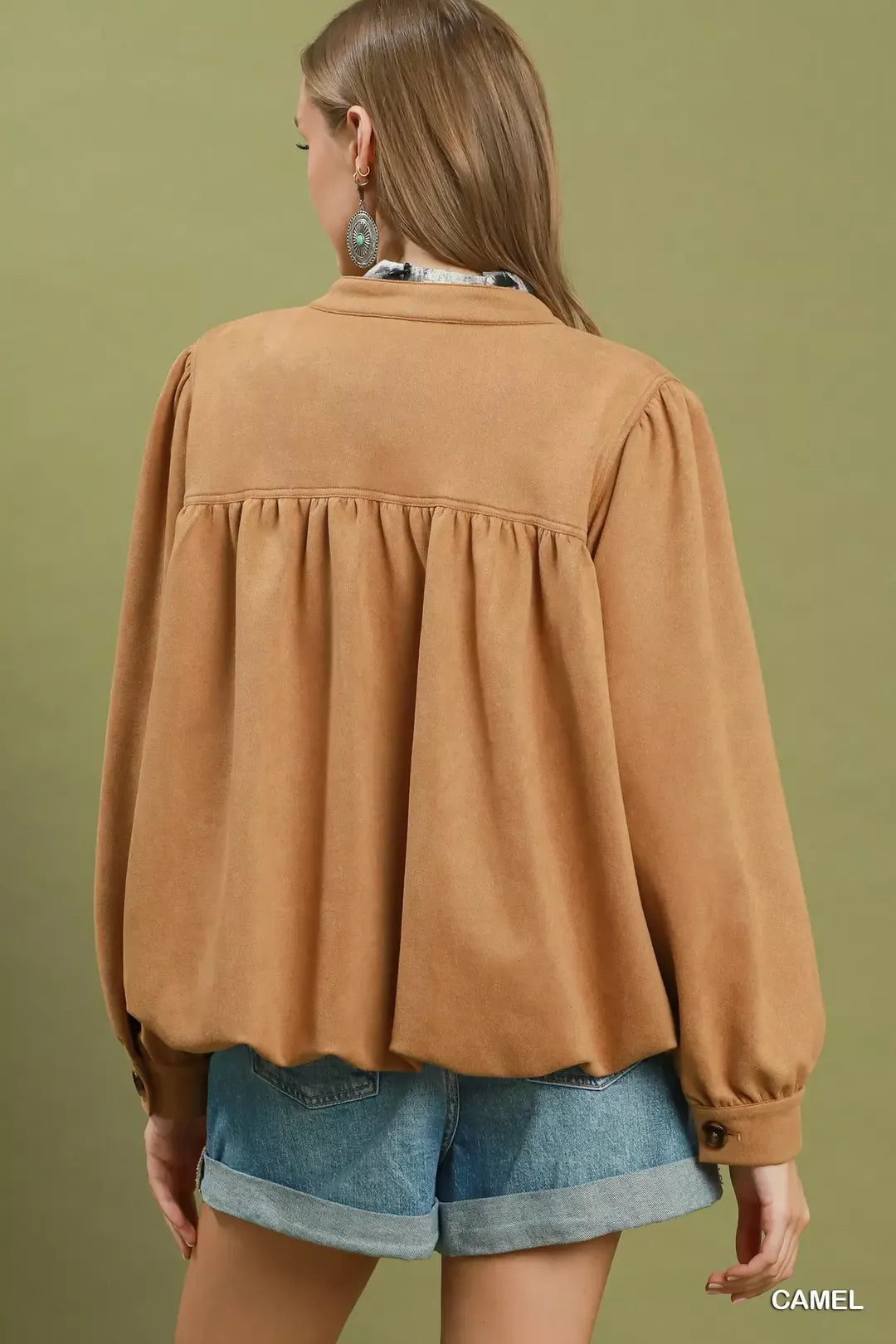 Umgee Suede Button Front Balloon Sleeve Jacket CAMEL view 3 (layer) - how much does a suede jacket cost - shop at us.meeeshop