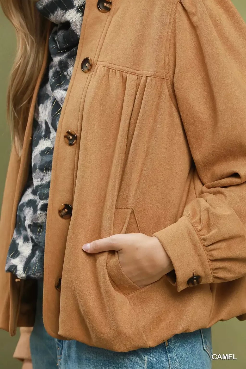 Umgee Suede Button Front Balloon Sleeve Jacket view 4 (layer) - how much does a suede jacket cost, how  - shop at us.meeeshop